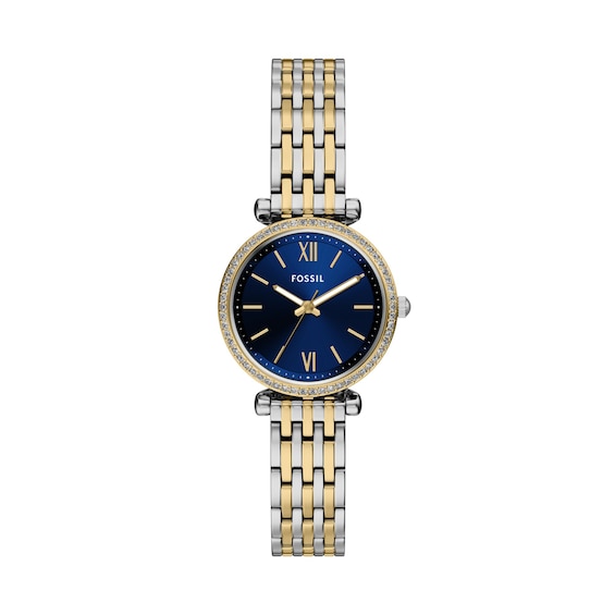 Ladies' Fossil Carlie Analog Watch in Two-Tone Stainless Steel with Blue Dial and Crystal Accents (Model: Es5438)