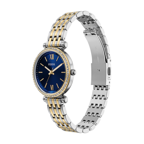 Ladies' Fossil Carlie Analog Watch in Two-Tone Stainless Steel with Blue Dial and Crystal Accents (Model: Es5438)