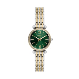 Ladies' Fossil Carlie Analog Watch in Two-Tone Stainless Steel with Green Dial and Crystal Accents (Model: ES5438)