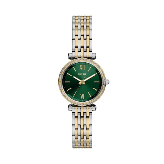 Ladies' Fossil Carlie Analog Watch in Two-Tone Stainless Steel with Green Dial and Crystal Accents (Model: Es5438)