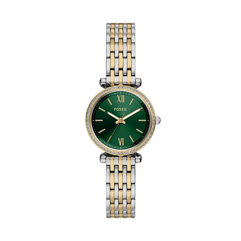 Main Image 1 of Ladies' Fossil Carlie Analog Watch in Two-Tone Stainless Steel with Green Dial and Crystal Accents (Model: ES5438)