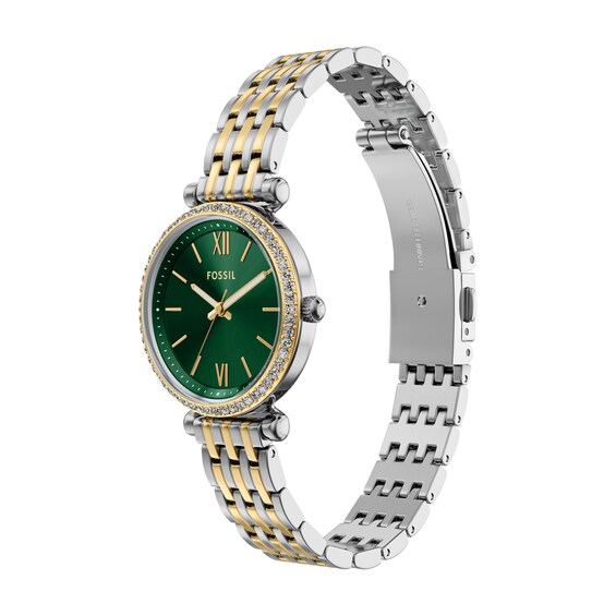 Ladies' Fossil Carlie Analog Watch in Two-Tone Stainless Steel with Green Dial and Crystal Accents (Model: Es5438)