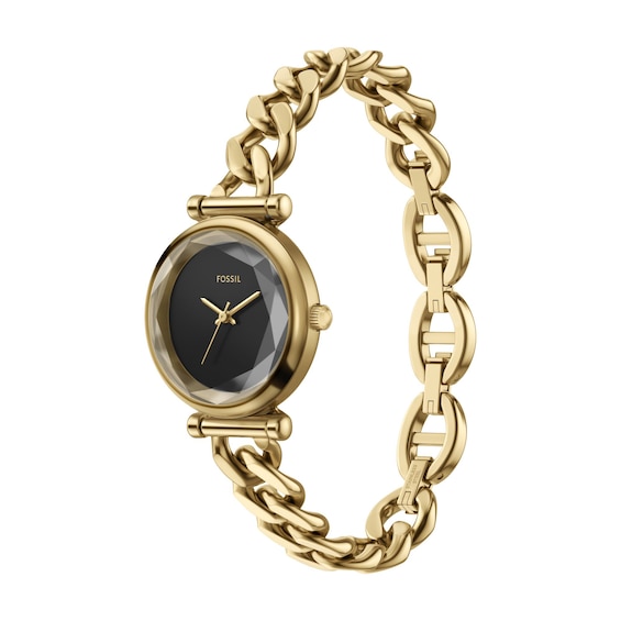Ladies' Fossil Carlie Analog Watch in Gold-Tone Stainless Steel and Black Dial (Model: Es5440)