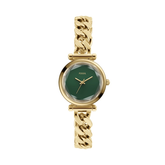 Ladies' Fossil Carlie Analog Watch in Gold-Tone Stainless Steel and Green Dial (Model: Es5441)