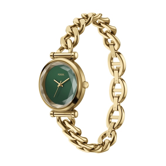 Ladies' Fossil Carlie Analog Watch in Gold-Tone Stainless Steel and Green Dial (Model: Es5441)
