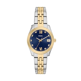Ladies' Fossil Scarlette Analog Watch in Two-Tone Stainless Steel with Blue Dial and Crystal Accents (Model: ES5443)