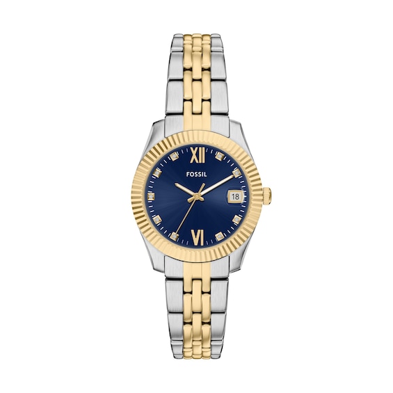 Ladies' Fossil Scarlette Analog Watch in Two-Tone Stainless Steel with Blue Dial and Crystal Accents (Model: Es5443)