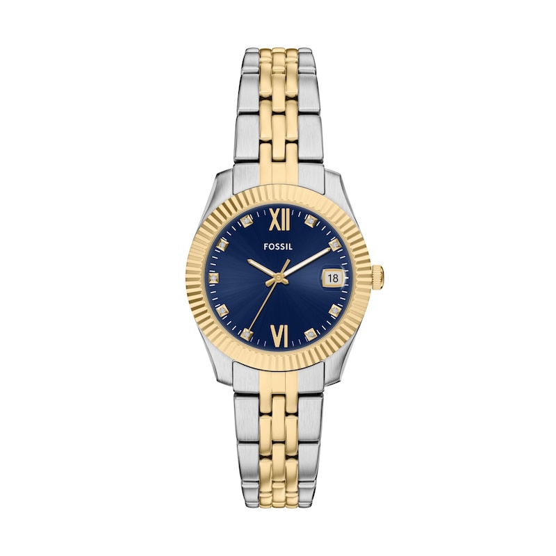Main Image 1 of Ladies' Fossil Scarlette Analog Watch in Two-Tone Stainless Steel with Blue Dial and Crystal Accents (Model: ES5443)