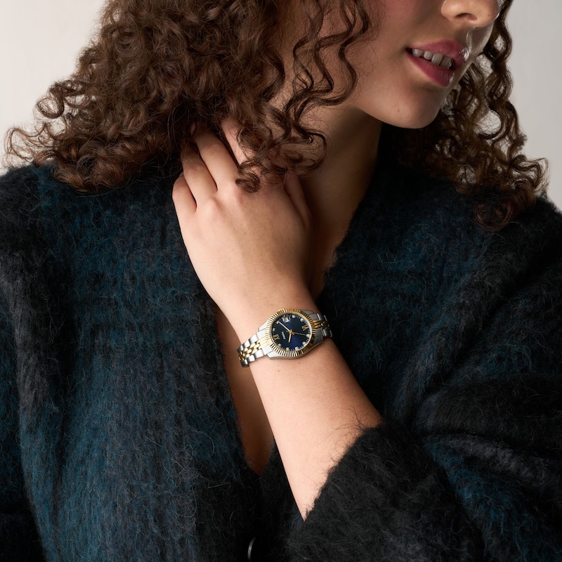 Main Image 2 of Ladies' Fossil Scarlette Analog Watch in Two-Tone Stainless Steel with Blue Dial and Crystal Accents (Model: ES5443)