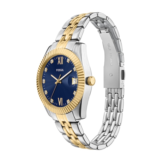 Ladies' Fossil Scarlette Analog Watch in Two-Tone Stainless Steel with Blue Dial and Crystal Accents (Model: Es5443)