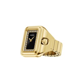 Ladies' Fossil Raquel Analog Watch Ring in Gold-Tone Stainless Steel with Black Dial and Crystal Accents (Model: ES5447)