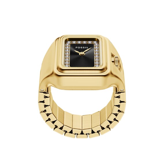 Ladies' Fossil Raquel Analog Watch Ring in Gold-Tone Stainless Steel with Black Dial and Crystal Accents (Model: Es5447)