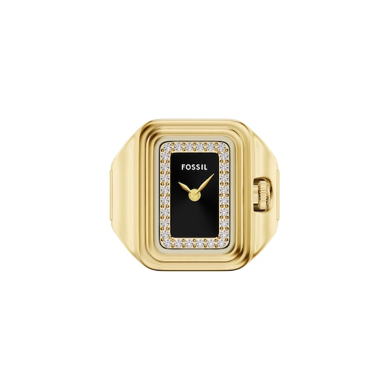 Ladies' Fossil Raquel Analog Watch Ring in Gold-Tone Stainless Steel with Black Dial and Crystal Accents (Model: Es5447)