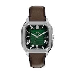 Men's Fossil Crosby Analog Watch in Stainless Steel with Green Dial and Brown Leather Strap (Model: FS6150)