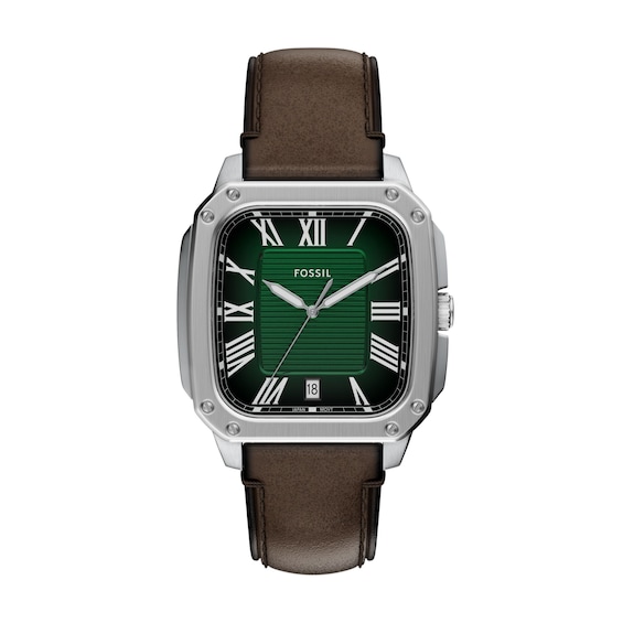 Men's Fossil Crosby Analog Watch in Stainless Steel with Green Dial and Brown Leather Strap (Model: Fs6150)