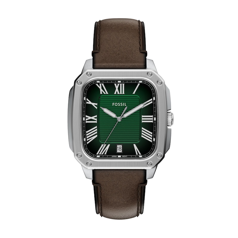 Main Image 1 of Men's Fossil Crosby Analog Watch in Stainless Steel with Green Dial and Brown Leather Strap (Model: FS6150)
