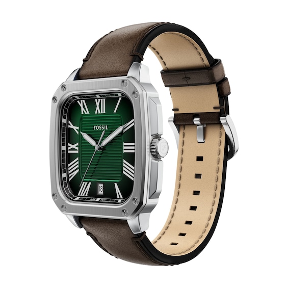 Men's Fossil Crosby Analog Watch in Stainless Steel with Green Dial and Brown Leather Strap (Model: Fs6150)