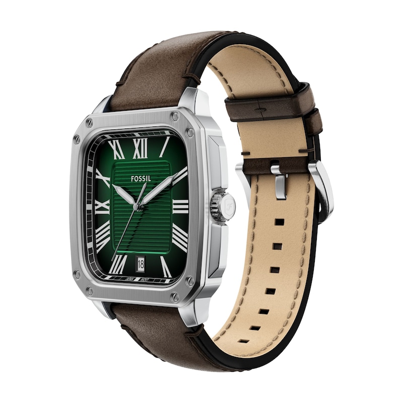 Main Image 3 of Men's Fossil Crosby Analog Watch in Stainless Steel with Green Dial and Brown Leather Strap (Model: FS6150)