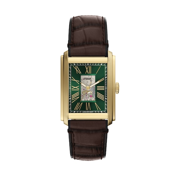 Men’s Fossil Caraway Automatic Watch in Gold-Tone Stainless Steel with Green Dial and Brown Leather Strap (Model: Me3271)
