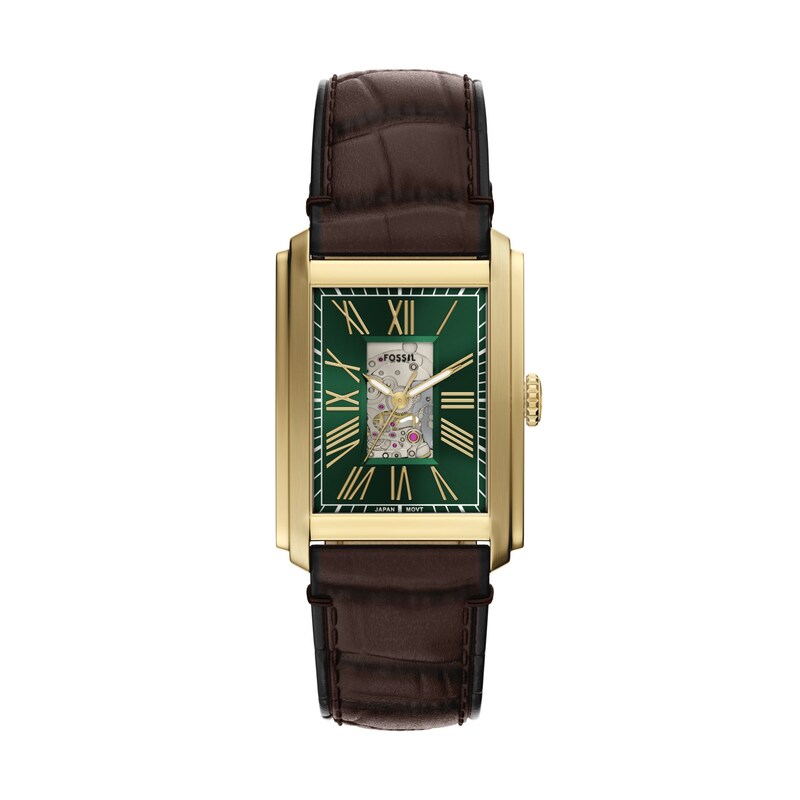 Main Image 1 of Men’s Fossil Caraway Automatic Gold-Tone Stainless Steel Watch with Green Dial and Brown Strap (Model: ME3271)
