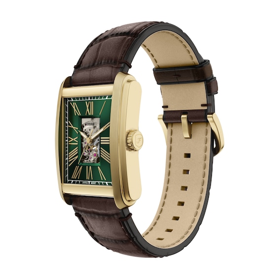 Men’s Fossil Caraway Automatic Watch in Gold-Tone Stainless Steel with Green Dial and Brown Leather Strap (Model: Me3271)