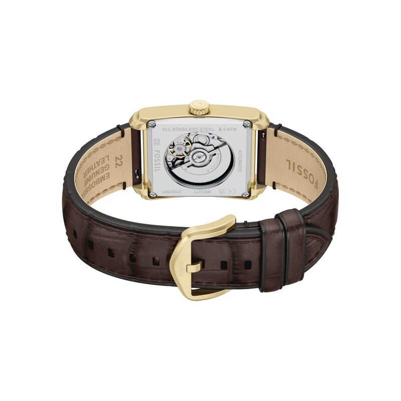 Main Image 6 of Men’s Fossil Caraway Automatic Gold-Tone Stainless Steel Watch with Green Dial and Brown Strap (Model: ME3271)