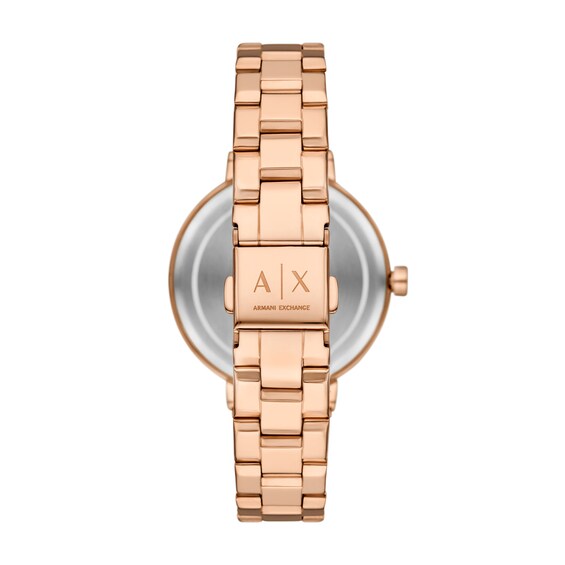 Ladies' Armani Exchange Rose-Tone IP Watch with White and Crystal Dial and Heart Bracelet Set (Model: Ax7175Set)