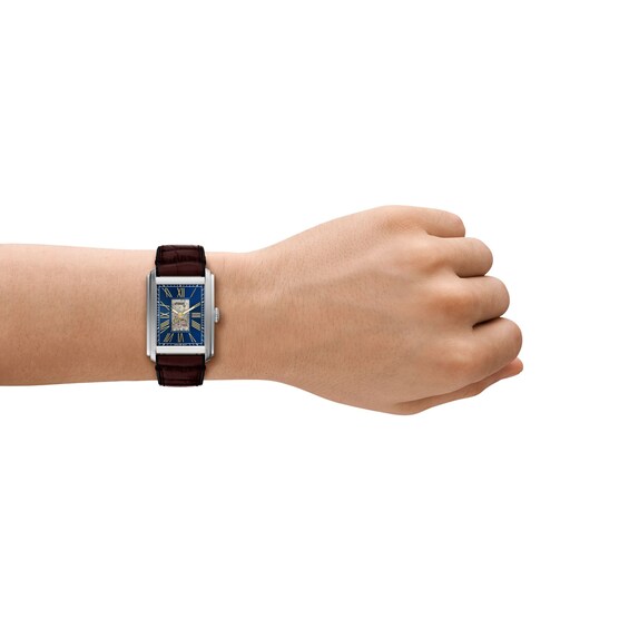 Men’s Fossil Caraway Analog Watch in Stainless Steel with Blue Dial and Brown Leather Strap (Model: Me3273)