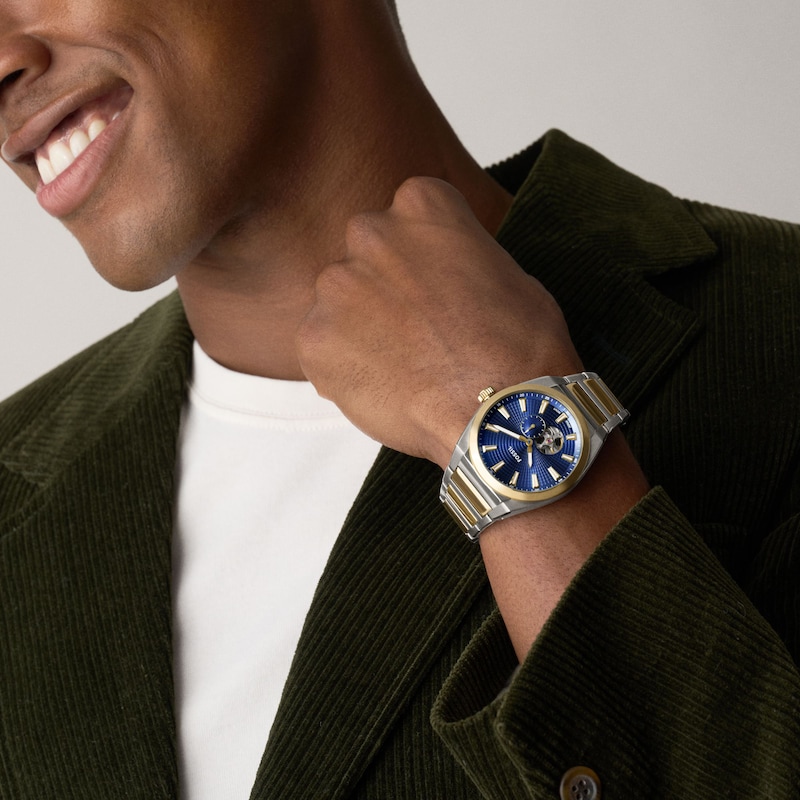 Main Image 2 of Men's Fossil Everett Automatic Watch in Two-Tone Stainless Steel with Blue Dial (Model: ME3275)