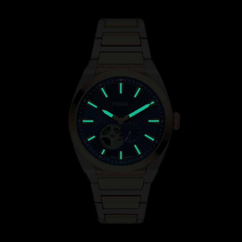 Main Image 6 of Men's Fossil Everett Automatic Watch in Two-Tone Stainless Steel with Blue Dial (Model: ME3275)