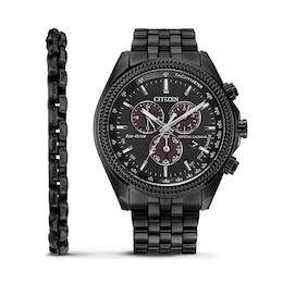 Men’s Citizen Eco-Drive® Perpetual Calendar Chrono Watch with Black Dial and Bracelet Set (Model: BJ5627-57E)