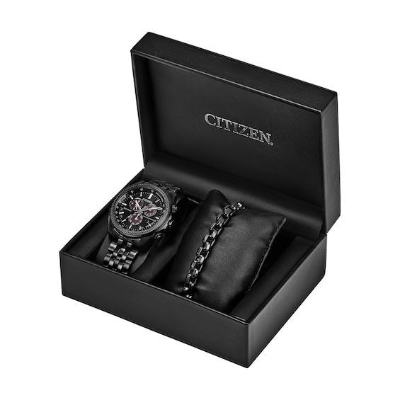 Men’s Citizen Eco-Drive® Perpetual Calendar Chrono Watch with Black Dial and Bracelet Set (Model: Bj5627-57E)