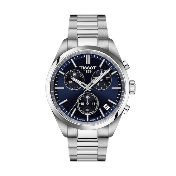 Men's Tissot PR 100 Chronograph Watch with Navy Blue Dial and Stainless Steel Bracelet (Model: T1504171104100)