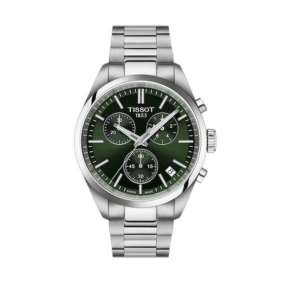 Men's Tissot PR 100 Chronograph Watch with Green Dial and Stainless Steel Bracelet (Model: T1504171109100)
