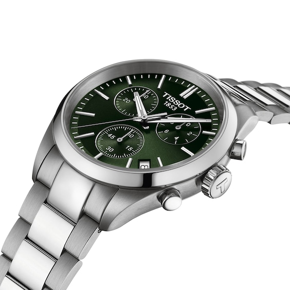 Men's Tissot PR 100 Chronograph Watch with Green Dial and Stainless Steel Bracelet (Model: T1504171109100)