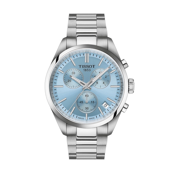 Men's Tissot PR 100 Chronograph Watch with Ice Blue Dial and Stainless Steel Bracelet (Model: T1504171135100)