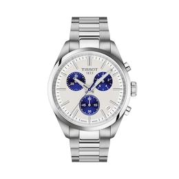 Men's Tissot PR 100 Chronograph Watch with White/Blue Dial and Stainless Steel Bracelet (Model: T1504171101100)