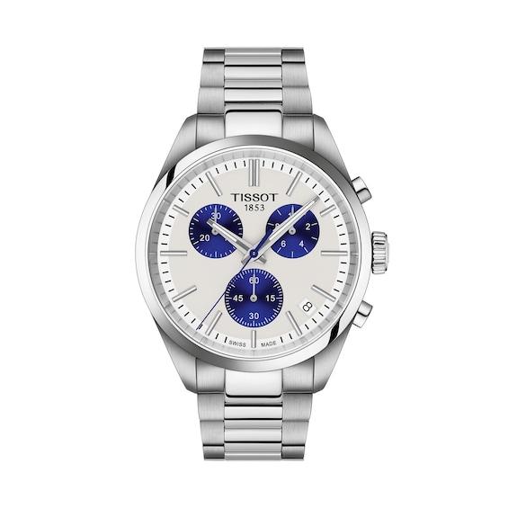 Men's Tissot PR 100 Chronograph Watch with White/Blue Dial and Stainless Steel Bracelet (Model: T1504171101100)