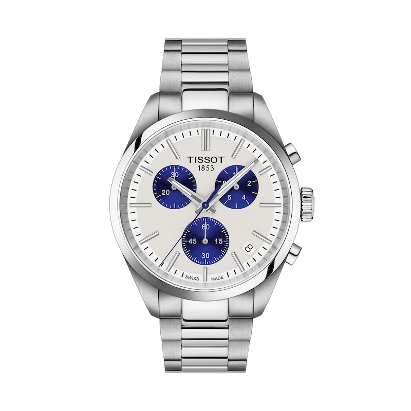 Main Image 1 of Men's Tissot PR 100 Chronograph Watch with White/Blue Dial and Stainless Steel Bracelet (Model: T1504171101100)