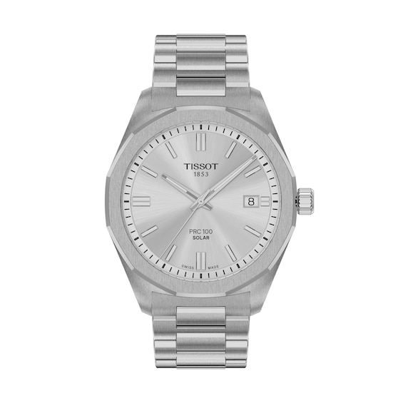 Men's Tissot PRC 100 Solar Watch with Silver-Tone Dial and Stainless Steel Bracelet (Model: T1514221103100)