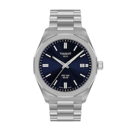 Men's Tissot PRC 100 Solar Watch with Navy Blue Dial and Stainless Steel Bracelet (Model: T1514221104100)