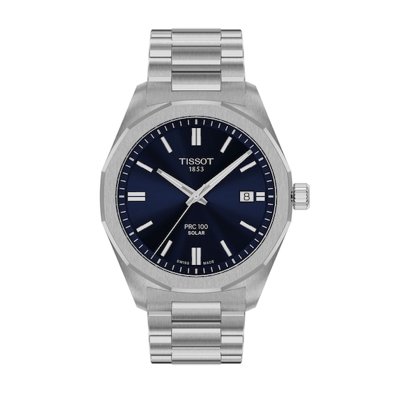 Men's Tissot PRC 100 Solar Watch with Navy Blue Dial and Stainless Steel Bracelet (Model: T1514221104100)