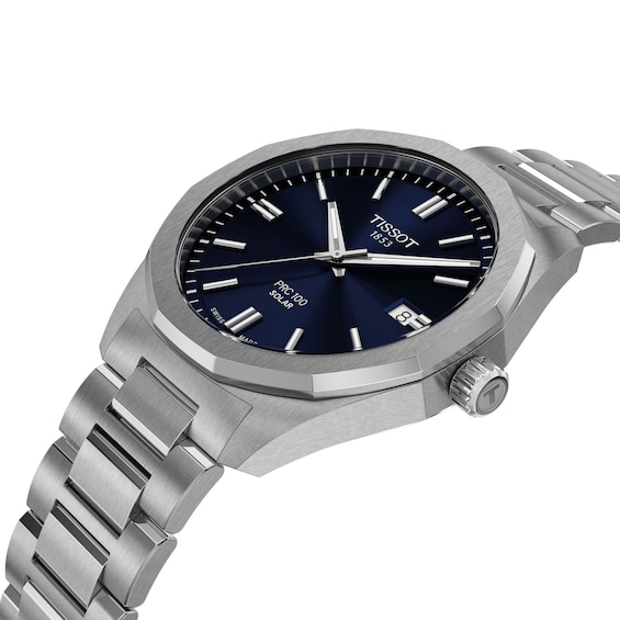 Men's Tissot PRC 100 Solar Watch with Navy Blue Dial and Stainless Steel Bracelet (Model: T1514221104100)