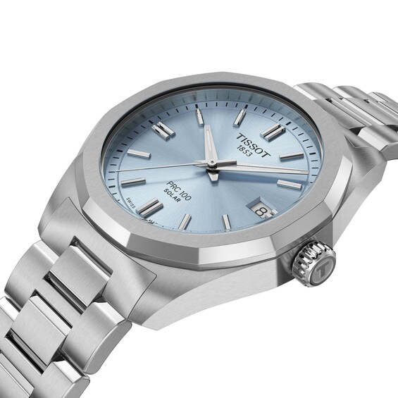 Unisex Tissot PRC 100 Solar Watch with Ice Blue Dial and Stainless Steel Bracelet (Model: T1518221135100)