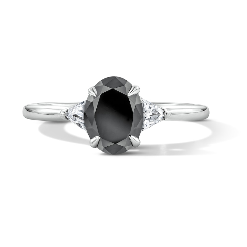 Main Image 1 of 1-3/4 CT. T.W. Oval Black Diamond and Trillion-Cut Diamond Three-Stone Engagement Ring in 14K White Gold