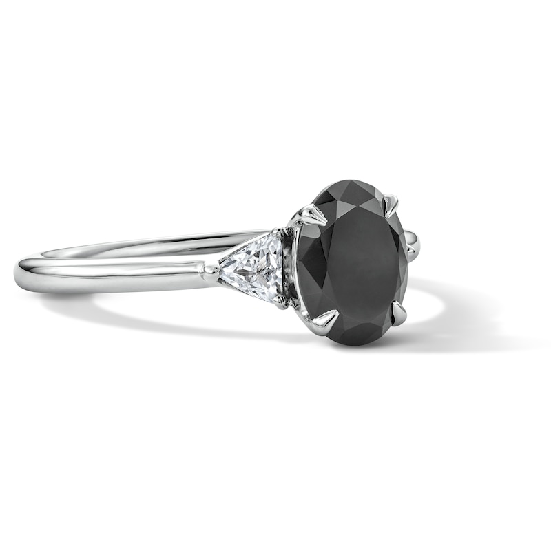 Main Image 4 of 1-3/4 CT. T.W. Oval Black Diamond and Trillion-Cut Diamond Three-Stone Engagement Ring in 14K White Gold