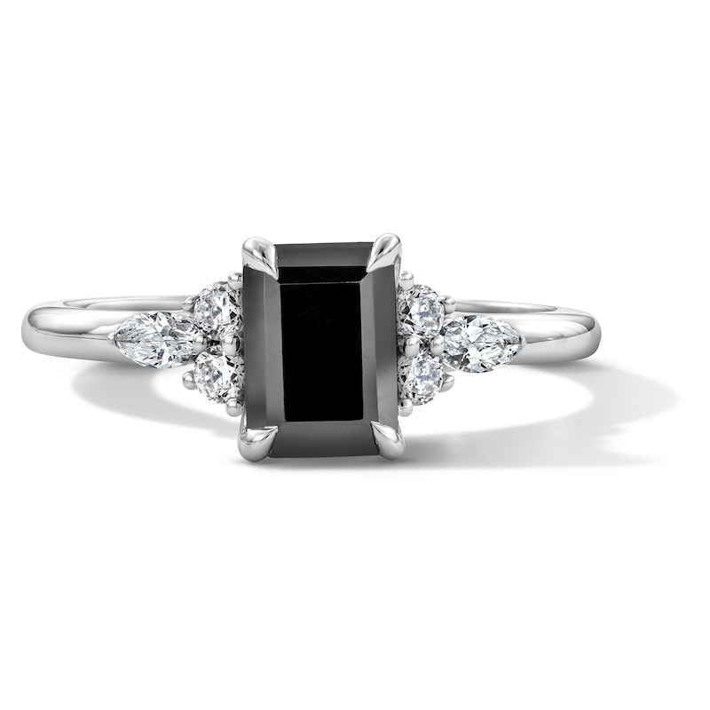 Main Image 1 of 1-3/4 CT. T.W. Emerald-Cut Black and White Diamond Engagement Ring in 14K White Gold