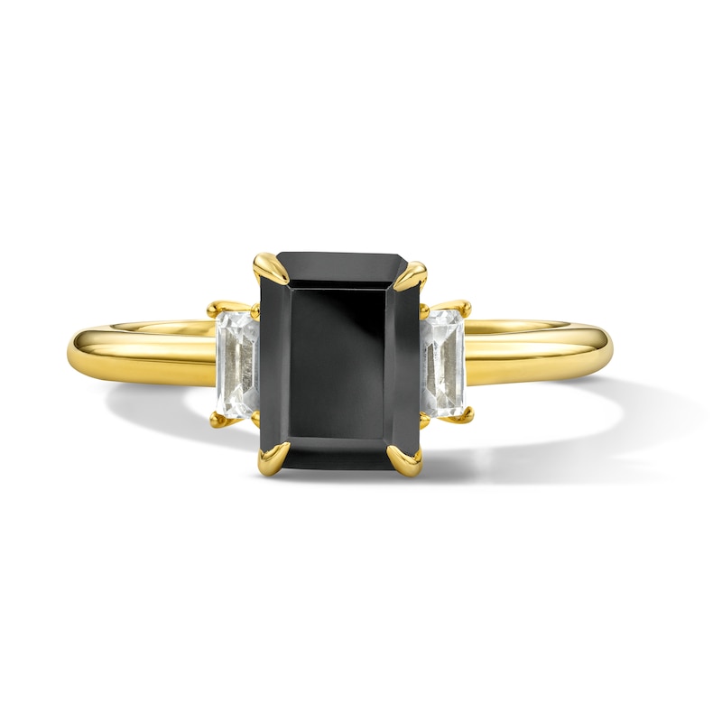 Main Image 1 of 2-1/4 CT. T.W. Emerald-Cut Black and White Diamond Three-Stone Ring in 14K Gold