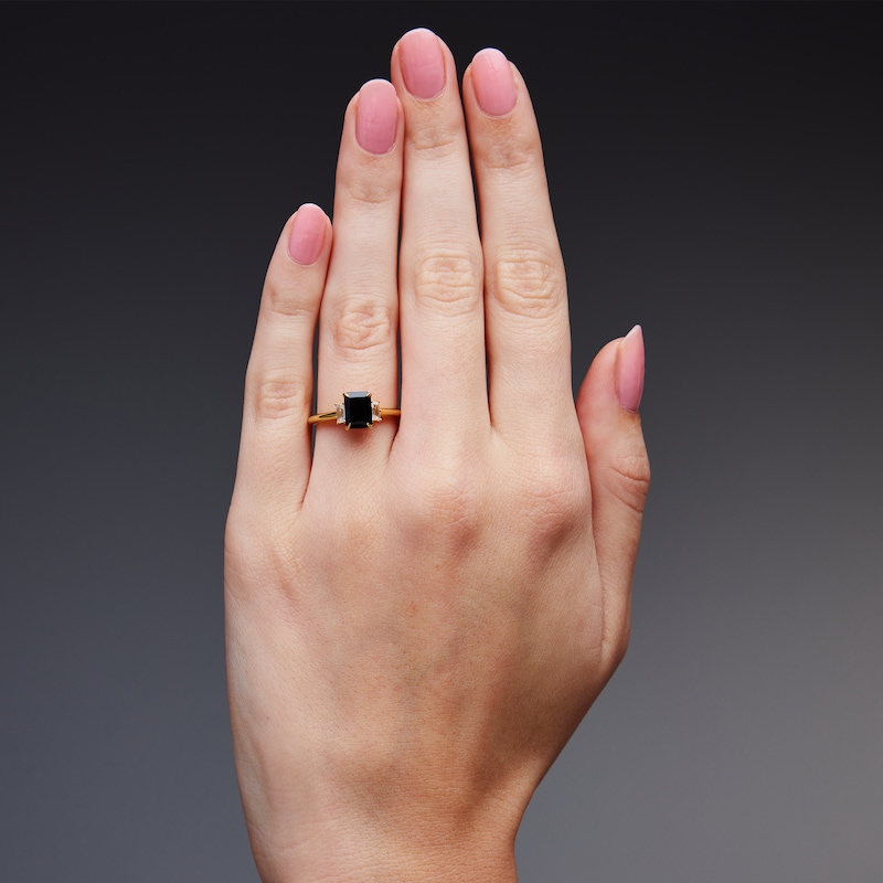 Main Image 2 of 2-1/4 CT. T.W. Emerald-Cut Black and White Diamond Three-Stone Ring in 14K Gold