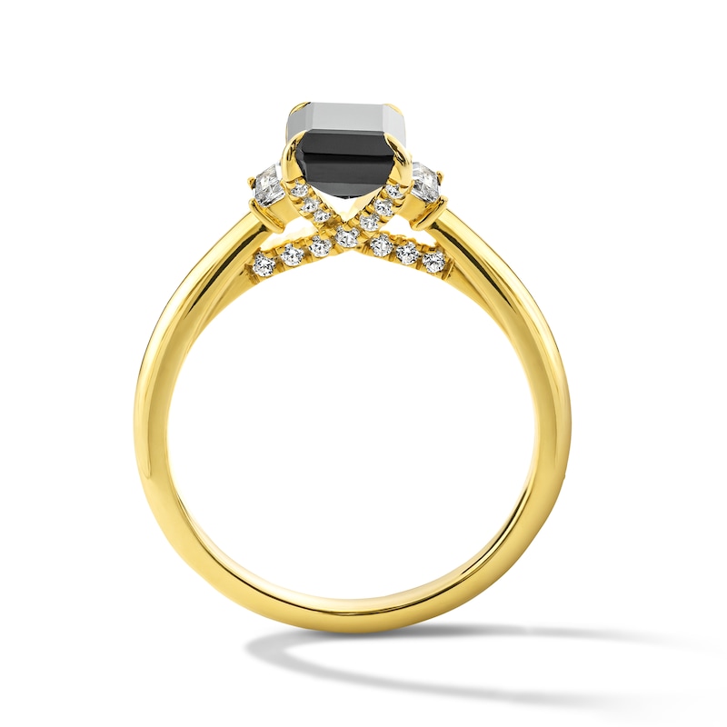 Main Image 3 of 2-1/4 CT. T.W. Emerald-Cut Black and White Diamond Three-Stone Ring in 14K Gold